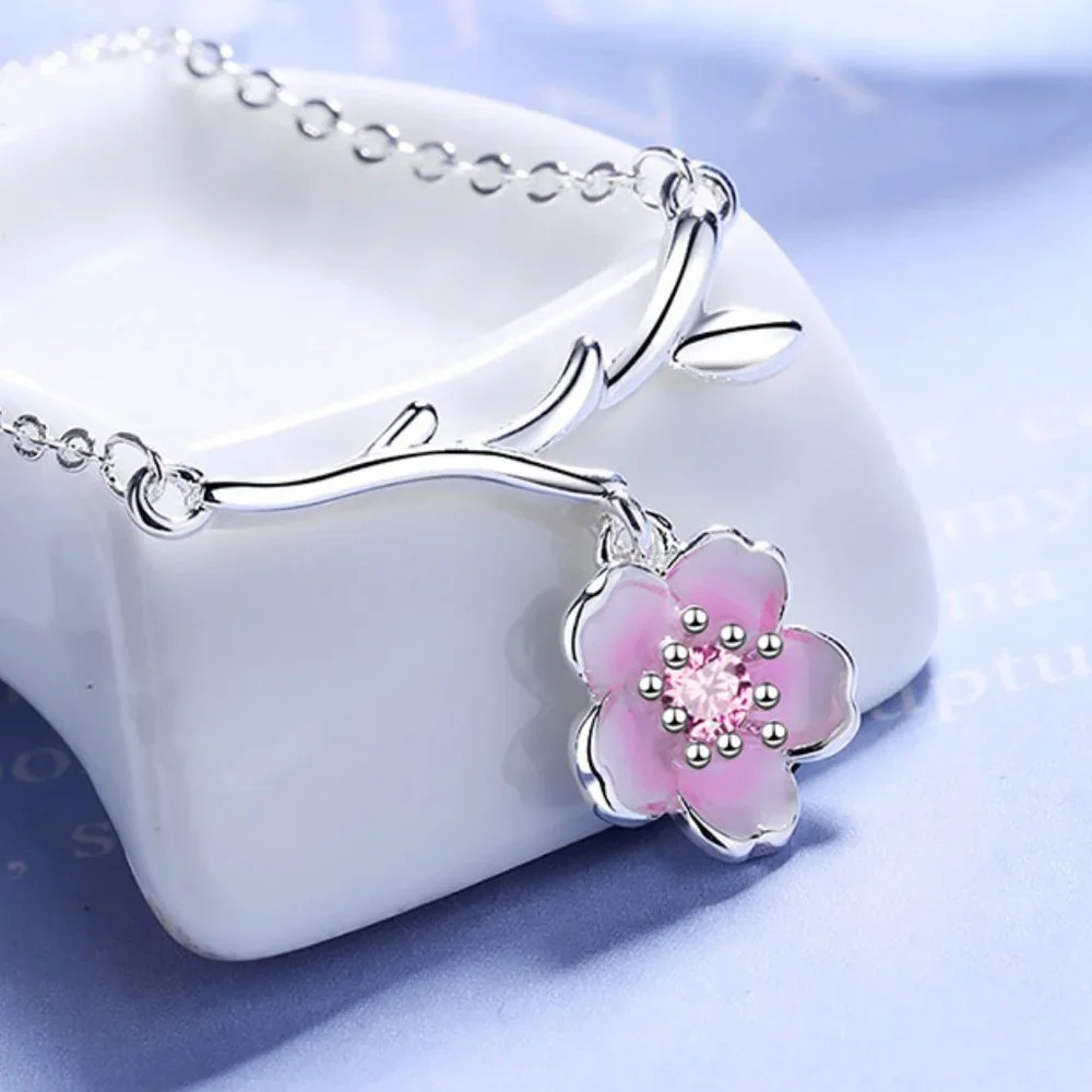 #NEW 925 Sterling Silver Pink White Diamond Cherry Blossom Leaf Branch Necklace